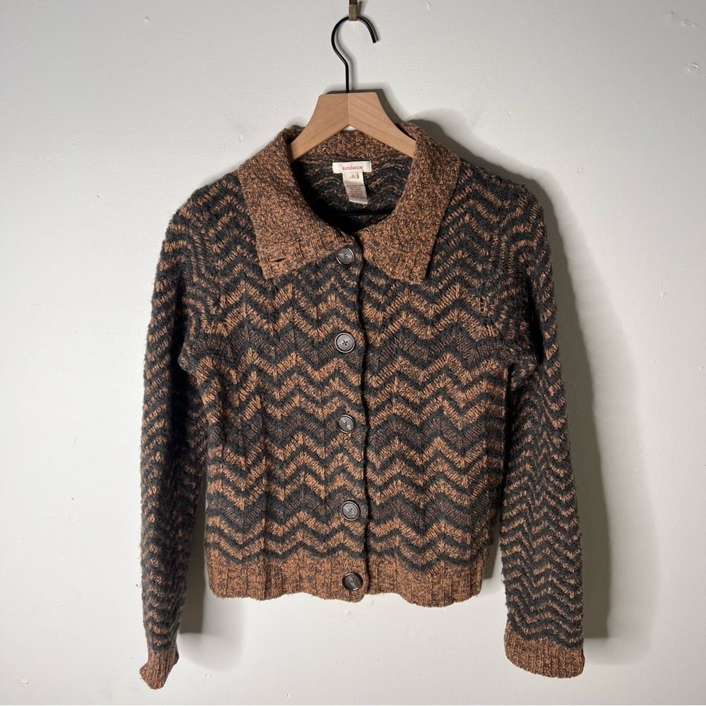 Sundance Brown and Black Chevron Knit Collar Cardigan Wool Alpaca Small Zigzag